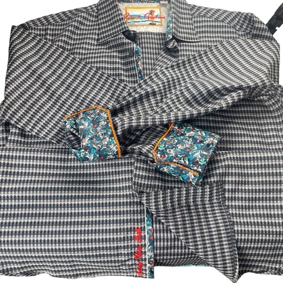 Robert Graham Mens Houndstooth Dress Shirt With Floral Trim Size M - Picture 1 of 16